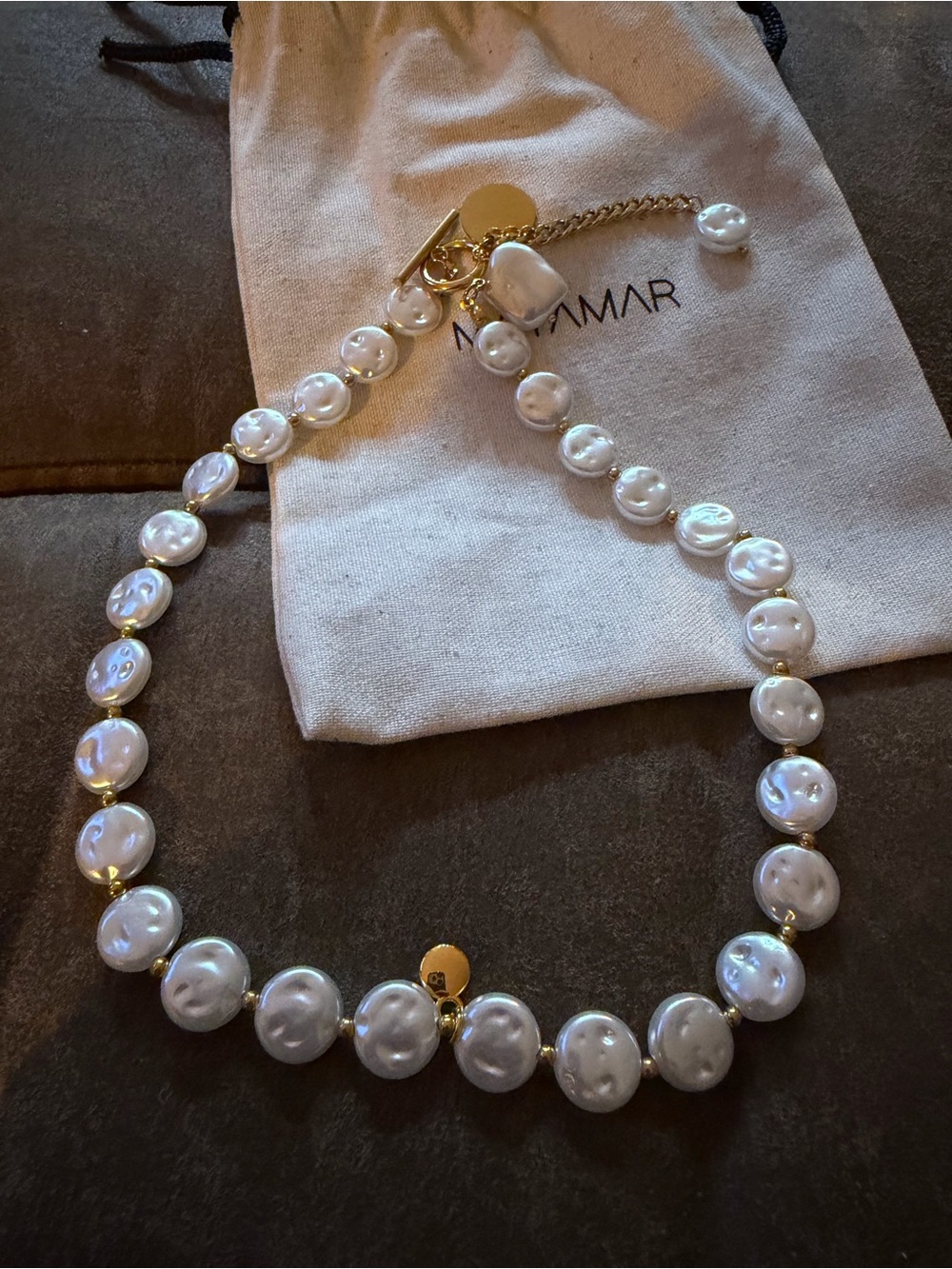 MAMAR White Coin Pearl Necklace with Gold Accents